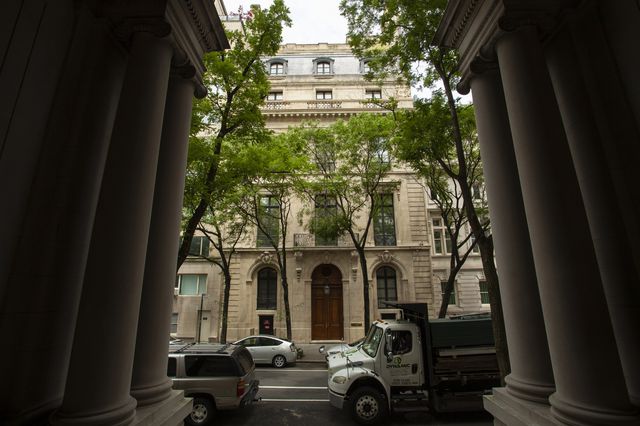 A photograph from July 2019 of Jeffrey Epstein's townhouse from across the street